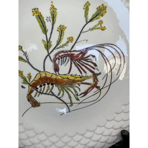 GIEN Grands Crustaces #11 Two Shrimp Hand Painted Faience 10" Plate France 1961 - Picture 4 of 7